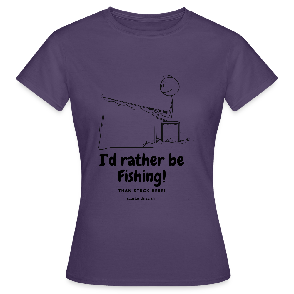 Purple Women's T-Shirt with funny fishing gifts for female anglers featuring a fishing cartoon design