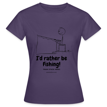 Purple Women's T-Shirt with funny fishing gifts for female anglers featuring a fishing cartoon design