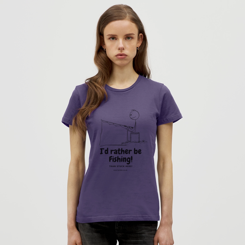 Purple women's t-shirt by Spreadconnect with a fun fishing design saying I'd rather be fishing, ideal for funny fishing gifts for female anglers