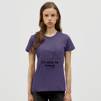 Purple women's t-shirt by Spreadconnect with a fun fishing design saying I'd rather be fishing, ideal for funny fishing gifts for female anglers
