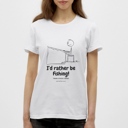 White women's t-shirt with a humorous fishing graphic, great as funny fishing gifts for female anglers