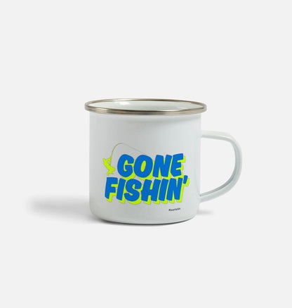 Soar Tackle Classic enamel mug with Gone Fishin print