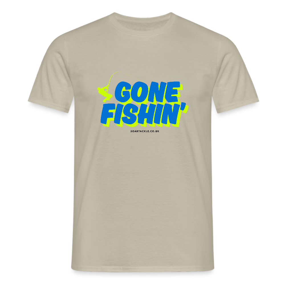 Men's Gildan T-Shirt with Gone Fishing slogan in vibrant blue and yellow print