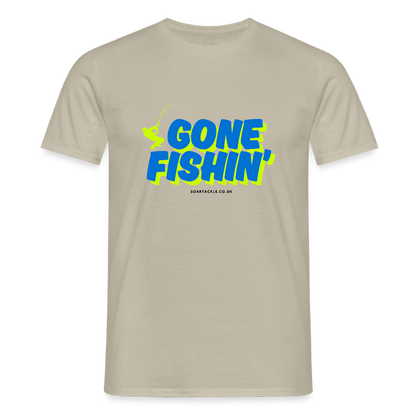 Men's Gildan T-Shirt with Gone Fishing slogan in vibrant blue and yellow print