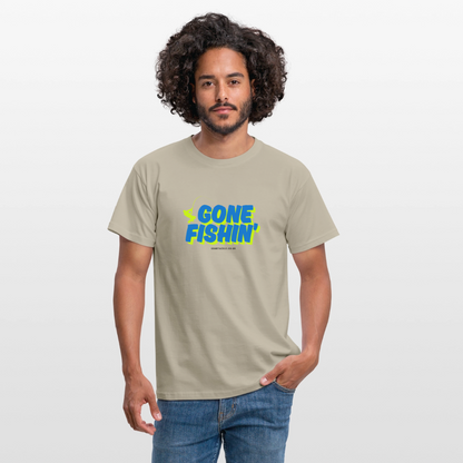 Men's Gildan t-shirt in beige featuring the gone fishing slogan t-shirt design
