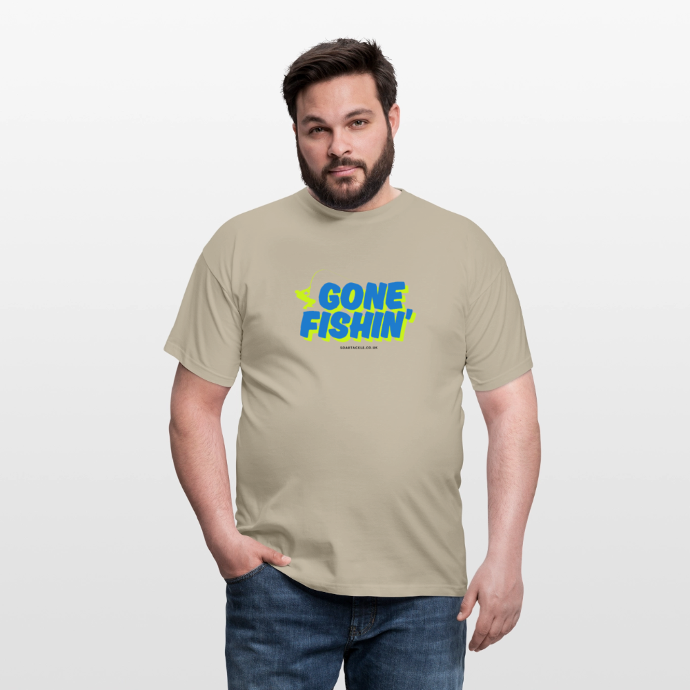 Men's Gildan t-shirt featuring a colourful gone fishing slogan for casual wear