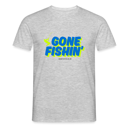 Gildan Men's T-Shirt with bold gone fishing slogan design in bright colours