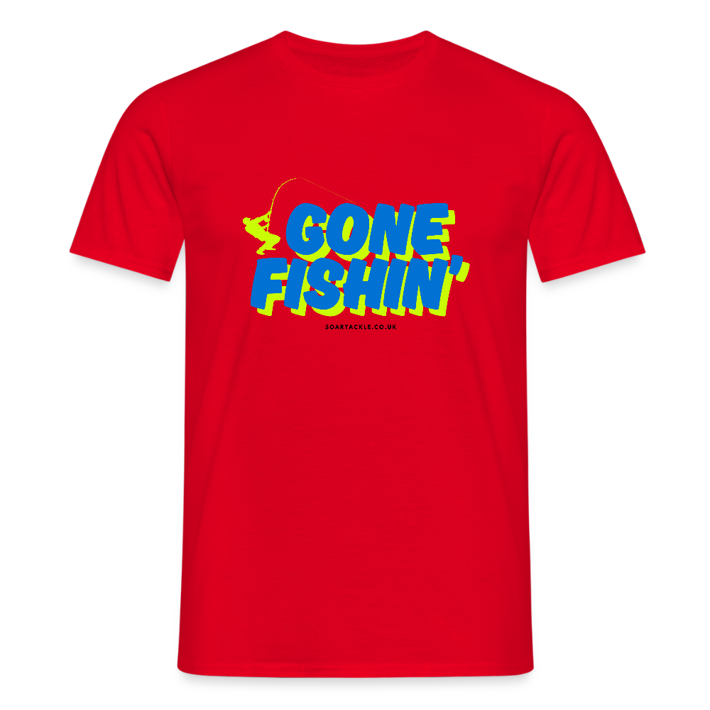 Bright red Gildan men's t-shirt featuring a fun gone fishing slogan design