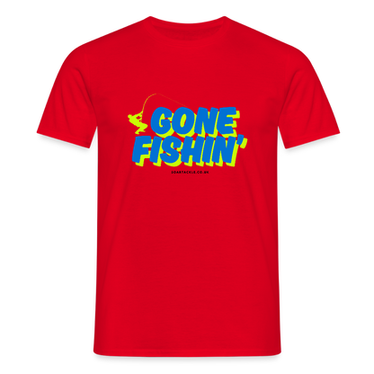 Bright red Gildan men's t-shirt featuring a fun gone fishing slogan design
