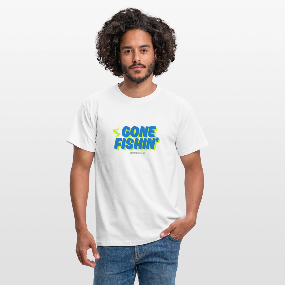 Men's Gildan T-Shirt featuring a vibrant gone fishing slogan t-shirt design for outdoor enthusiasts