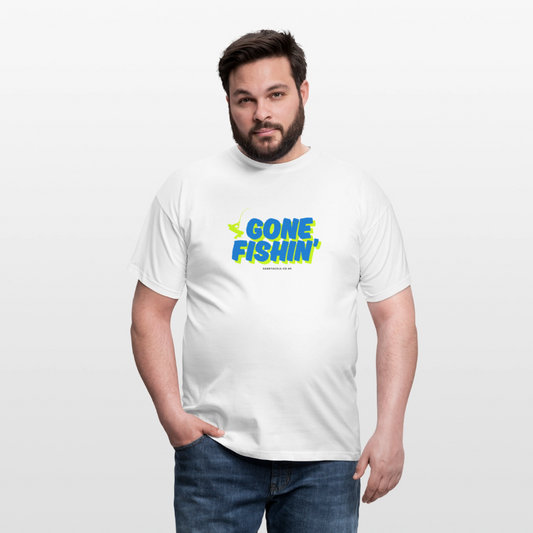 Men's Gildan Gone Fishing slogan t-shirt in white, perfect for fishing enthusiasts