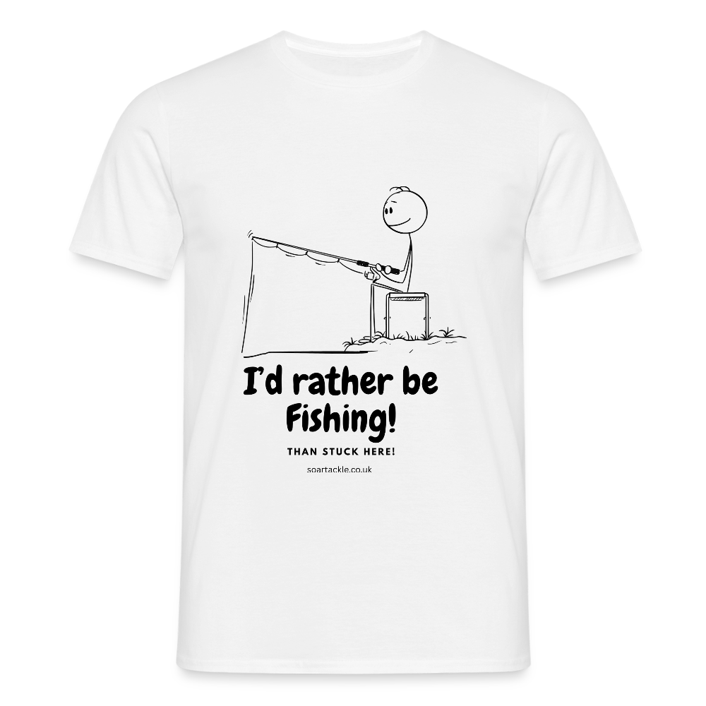 White Gildan Men's T-Shirt with I'd rather be fishing t-shirt graphic and stick figure illustration