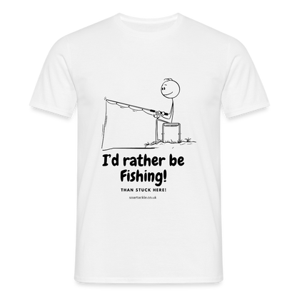 White Gildan Men's T-Shirt with I'd rather be fishing t-shirt graphic and stick figure illustration