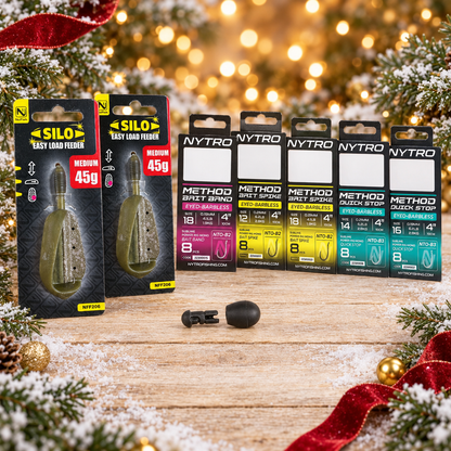 Method feeder and ready rig Christmas gift bundle with two medium 45g Silo feeders and five Nytro rig packs in a snowy festive display