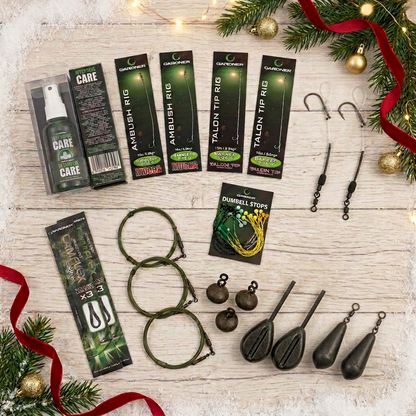 Festive illustration of the Carper's Bundle with Gardner rigs, leads, leaders, bait stops and carp-care spray