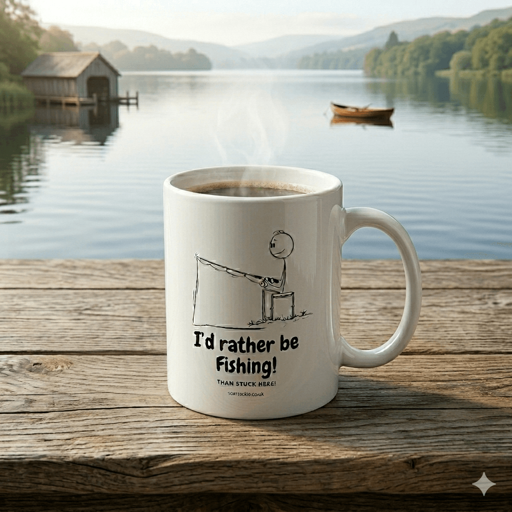 White mug with 'I'd rather be fishing!' text by Soar Tackle