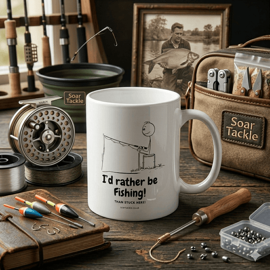 Soar Tackle Fishing-themed mug with 'I'd rather be fishing!' text, surrounded by fishing gear on a wooden surface.