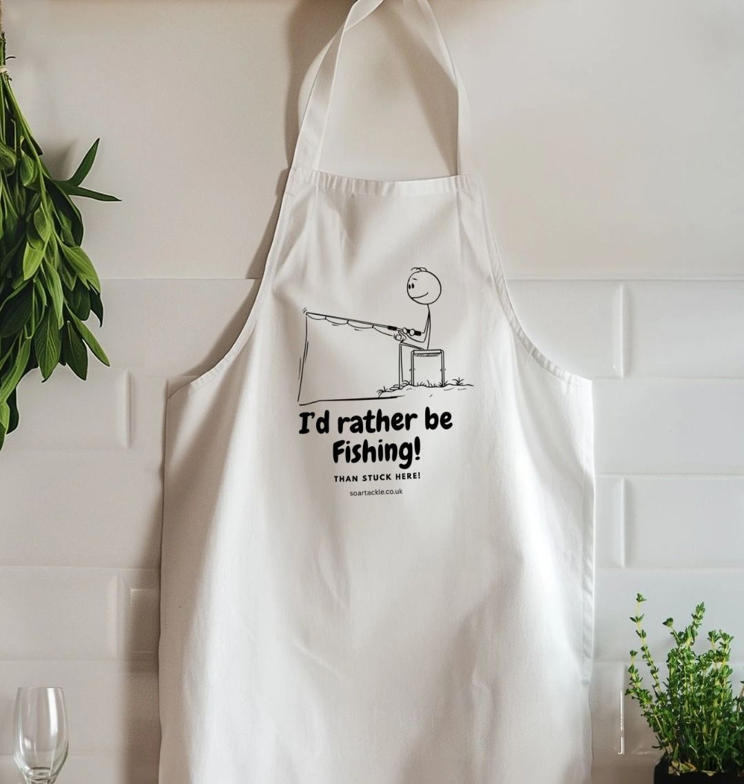 Soar Tackle white cotton apron rather be fishing than stuck here