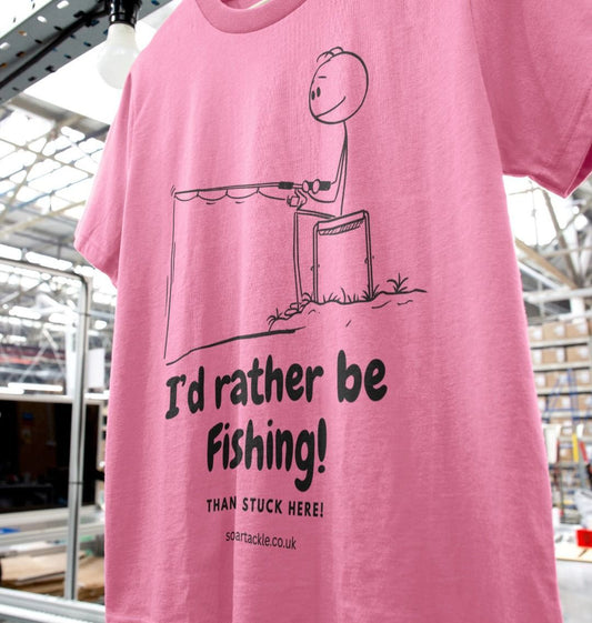 Ladies Pink t-shirt with fishing graphic and text 'I'd rather be fishing! Than stuck here!' Soar Tackle
