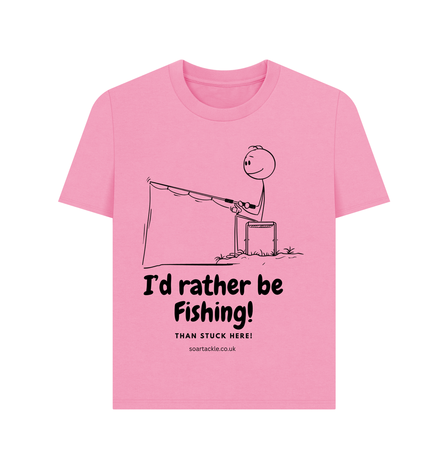 Ladies Rose Pink Id rather be fishing printed T-shirt Front Soar Tackle