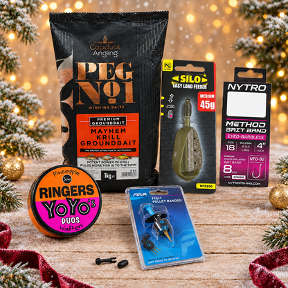 Christmas method feeder tackle and bait gift bundle featuring a medium 45g NuFish Silo feeder with a light snow effect