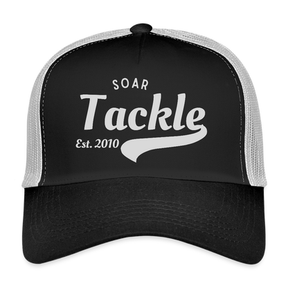 Black Beechfield trucker cap with white mesh back and vintage Soar Tackle Est 2010 logo retro fishing cap