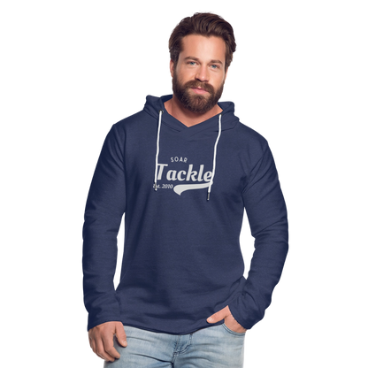 Spreadconnect light unisex navy hoodie with white vintage tackle print worn by male model retro style fishing hoodie