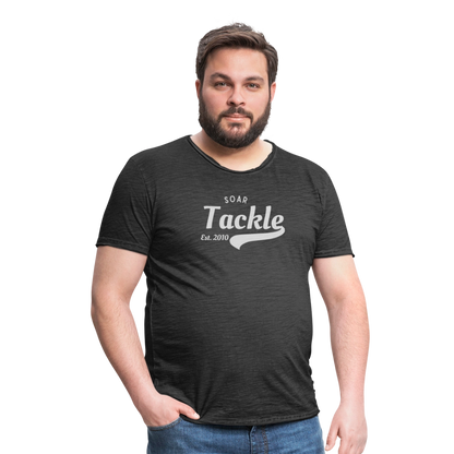 Mens vintage t shirt with Soar Tackle logo in white on charcoal worn by model unique gift for anglers