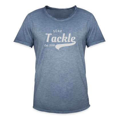 Mens vintage blue t shirt with white Soar Tackle Est 2010 print ideal unique gift for anglers