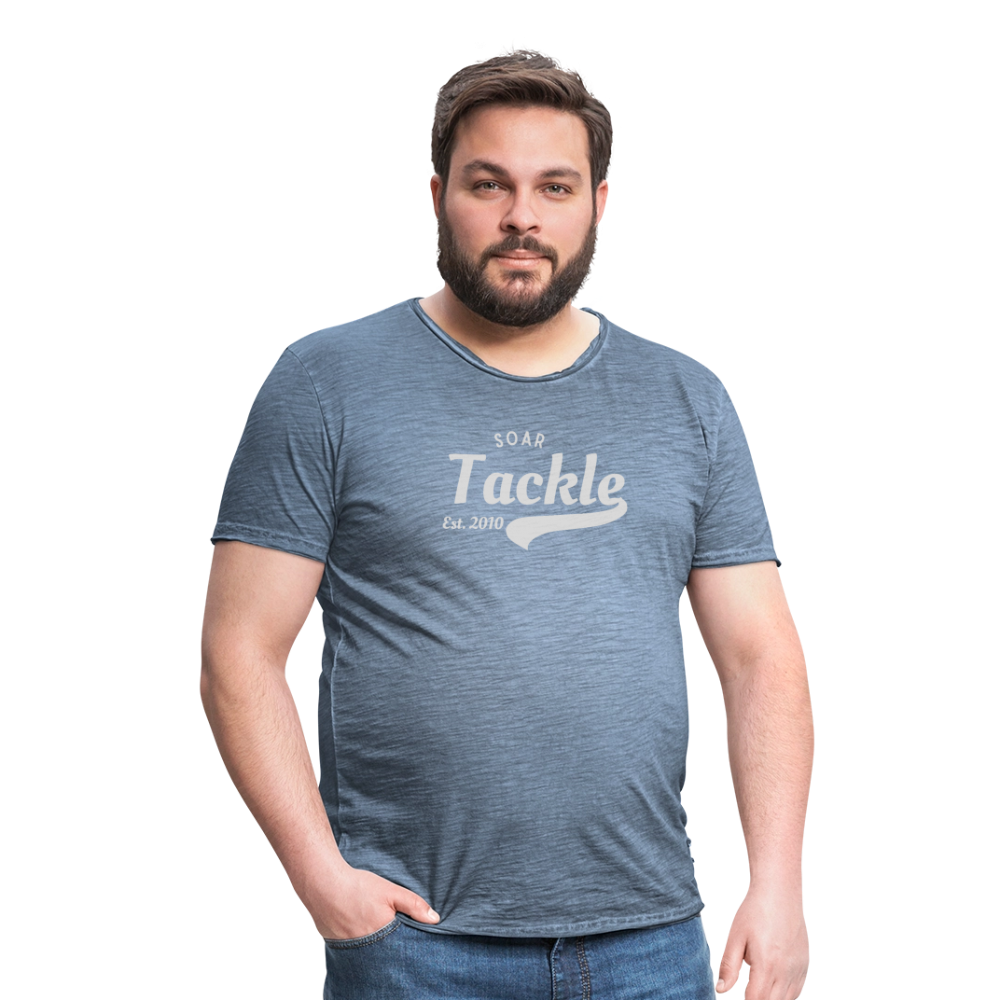 Man wearing blue vintage Soar Tackle t shirt by Spreadconnect ideal unique gift for anglers