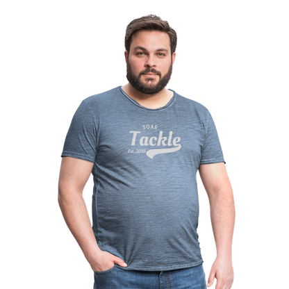 Man wearing blue vintage Soar Tackle t shirt by Spreadconnect ideal unique gift for anglers