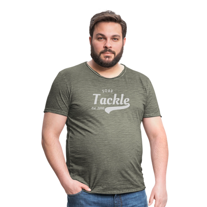 Mens vintage t shirt olive green with Soar Tackle fishing print on model against black background unique gift for anglers