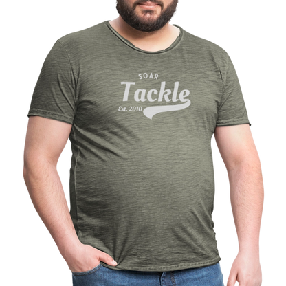 Mens vintage olive green T shirt  with white Soar Tackle logo ideal unique gift for anglers