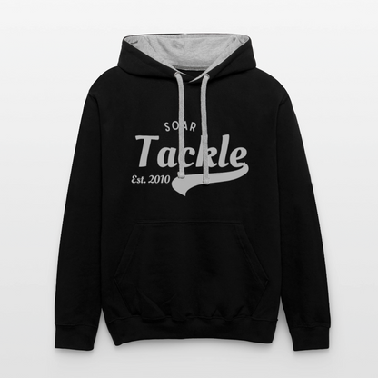 unisex coarse fishing sweatshirt black contrast hoodie with grey inner hood grey drawstrings and Soar Tackle front print