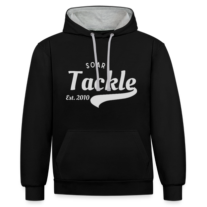 Black Contrast Colour Hoodie AWDis Just Hoods with white Soar Tackle logo and grey lined hood unisex coarse fishing sweatshirt